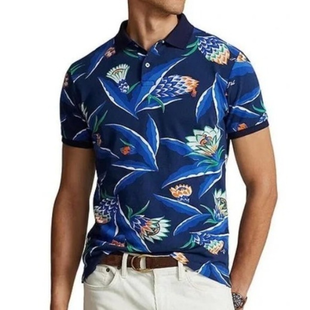 Polo Ralph Lauren XL Blue Short Sleeve Polo Floral Knit Shirt Classic Fit NWT‎